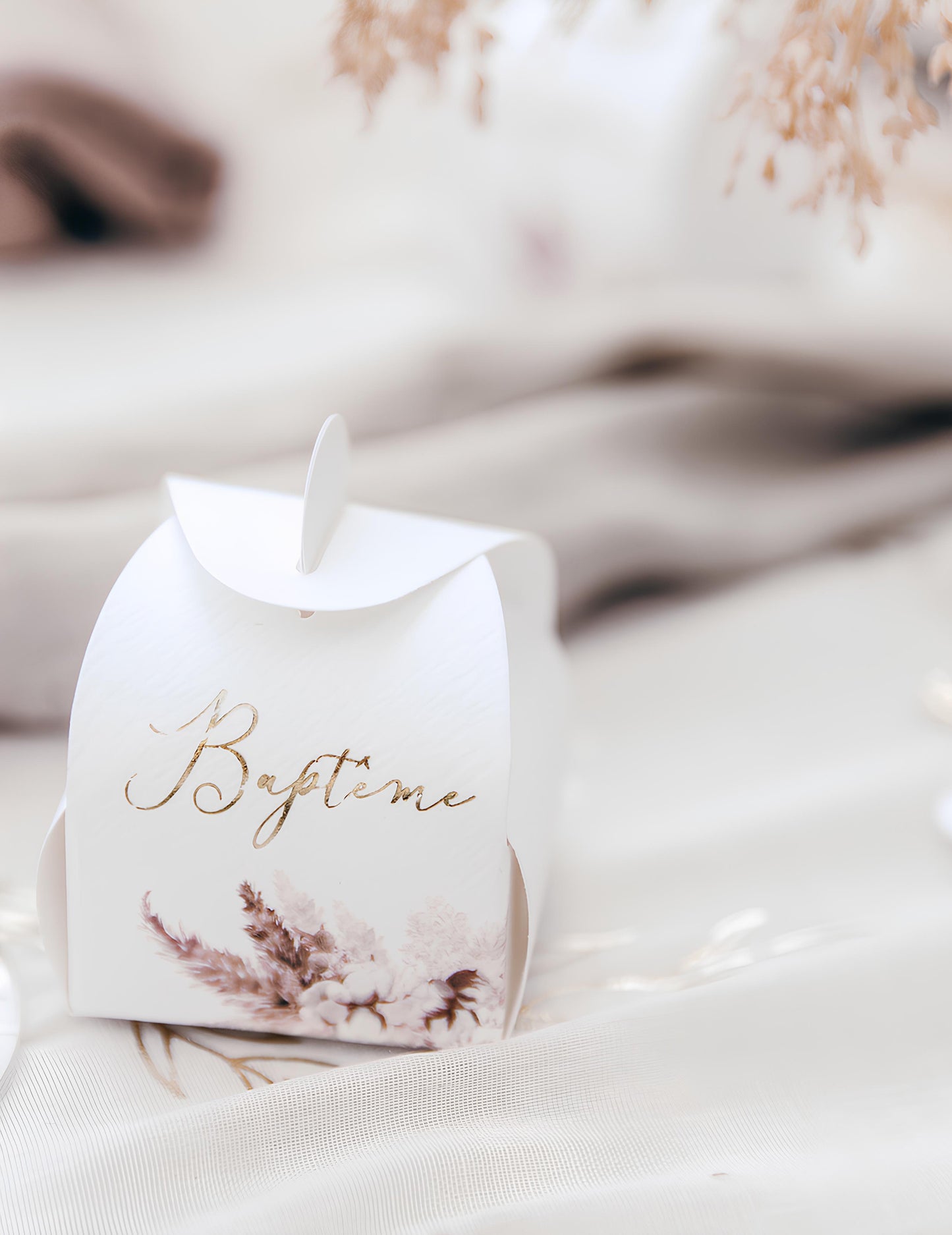 10 kartonskih krstnih posodic s pampaško travo in cvetovi bombaža (5 x 7 cm) cm