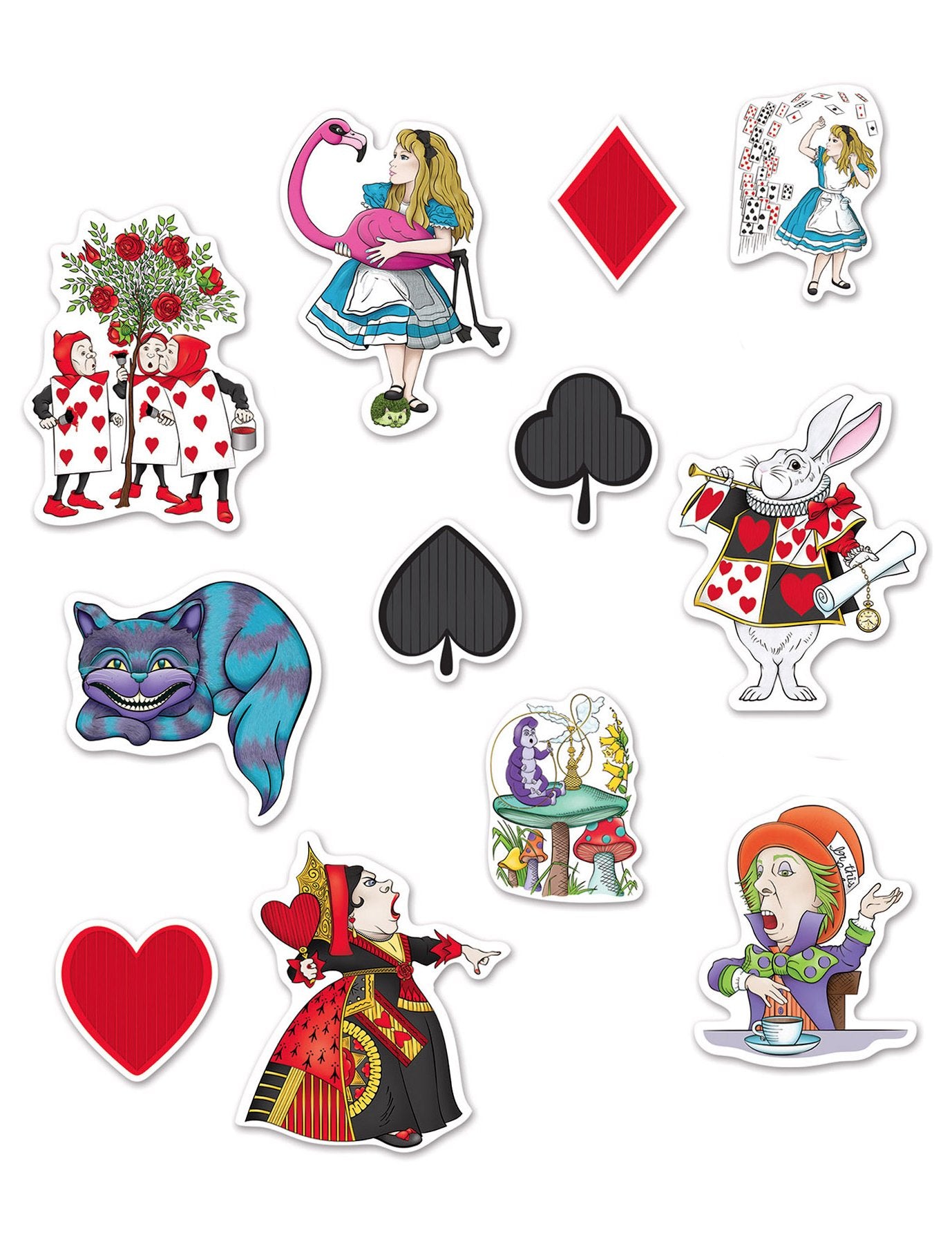 12 Décorations en carton Alice au pays imaginaire pour fête multicolores avec personnages