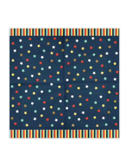 Vue dépliée des serviettes en papier étoiles colorées pour fête bleu marine