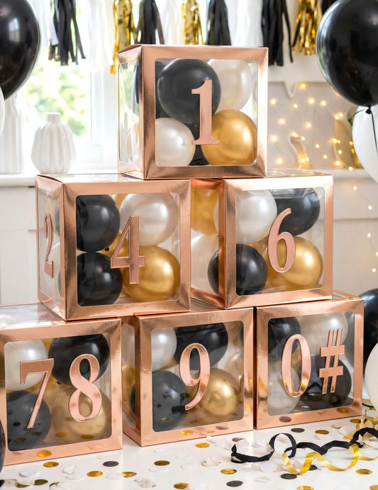 Aperçu des différents numéros des 12 stickers chiffres adhésifs pour décoration de fête rose gold