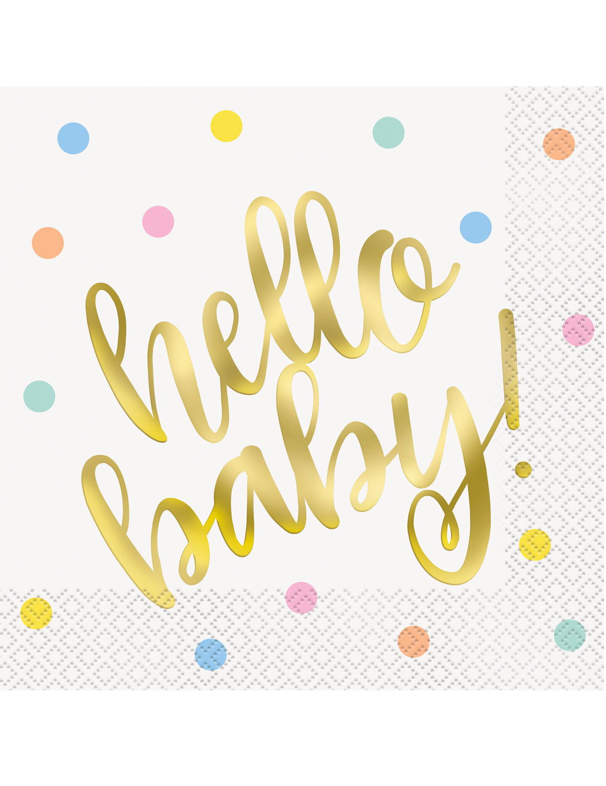 papirnati prtički hello baby za baby shower bele in zlata z večbarvnimi pikami