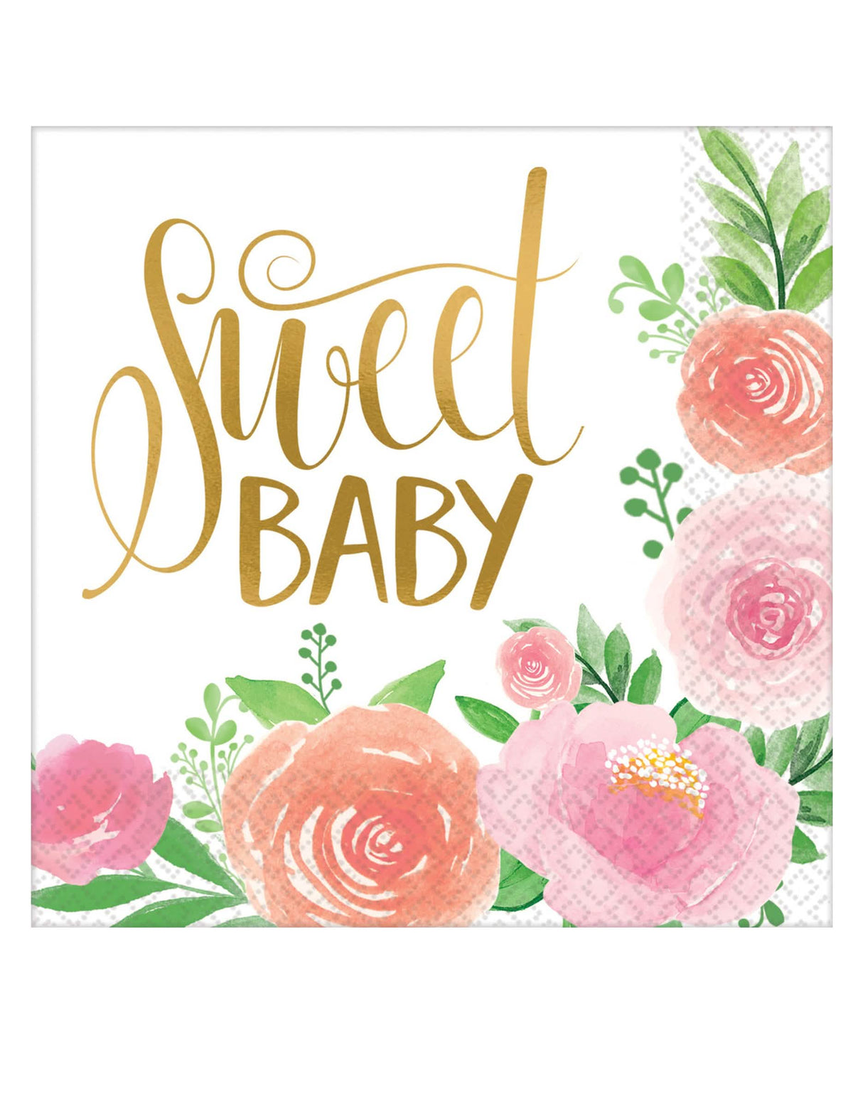 papirnati prtički Sweet Baby za dekle beli s rožnatimi in zlatimi rožicami
