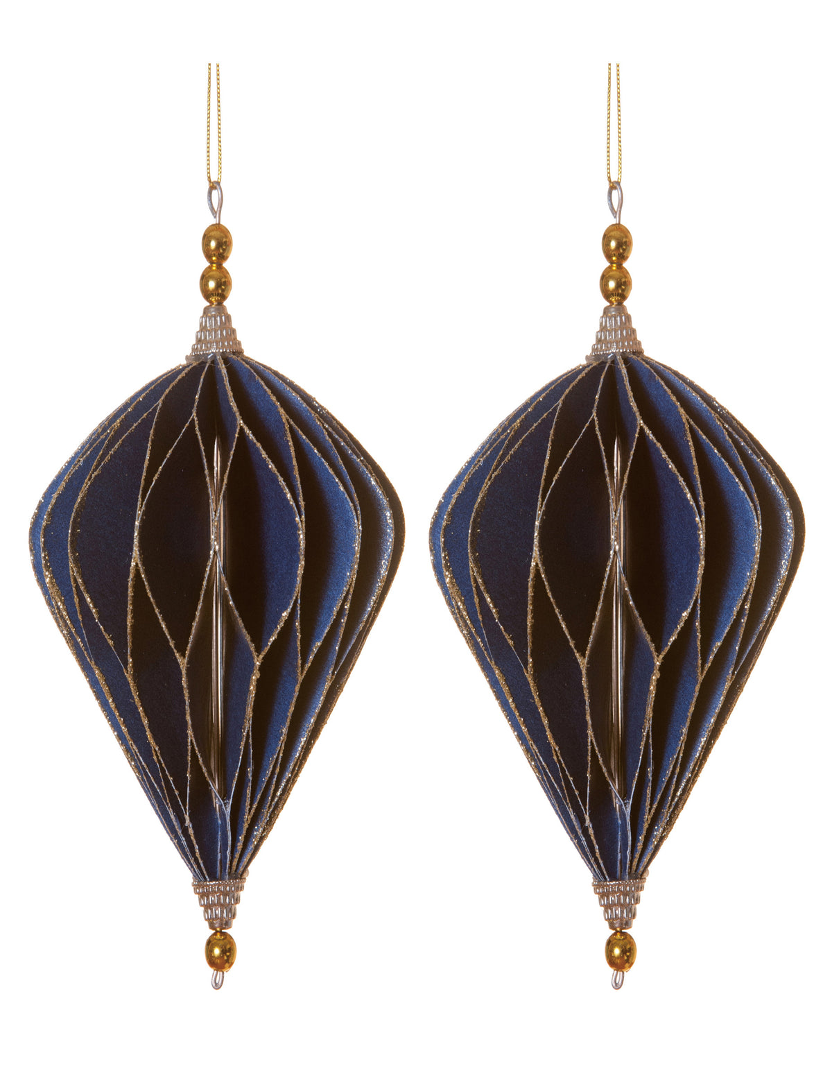 2 suspensions origami losanges pour décoration bleus et or
