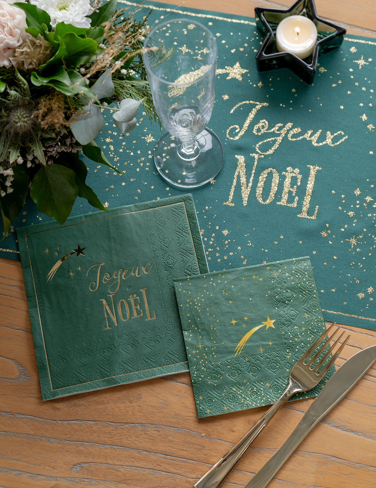 20 petites serviettes Étoile Filante vert sapin 25 x 25 cm