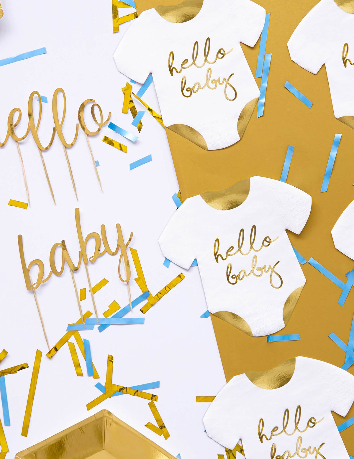 Postavitev s konfeti iz papirnatih prtičkov body Hello Baby