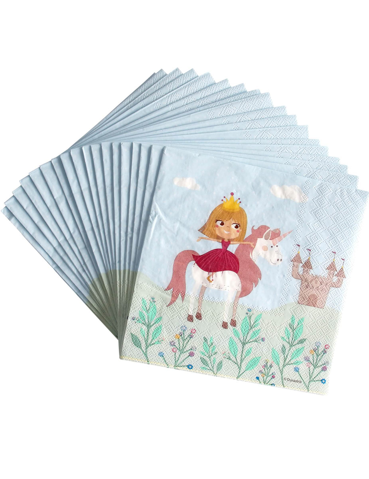 papirnati prtički Princesse za otrok v nebesno modri barvi s samorogi in gradom