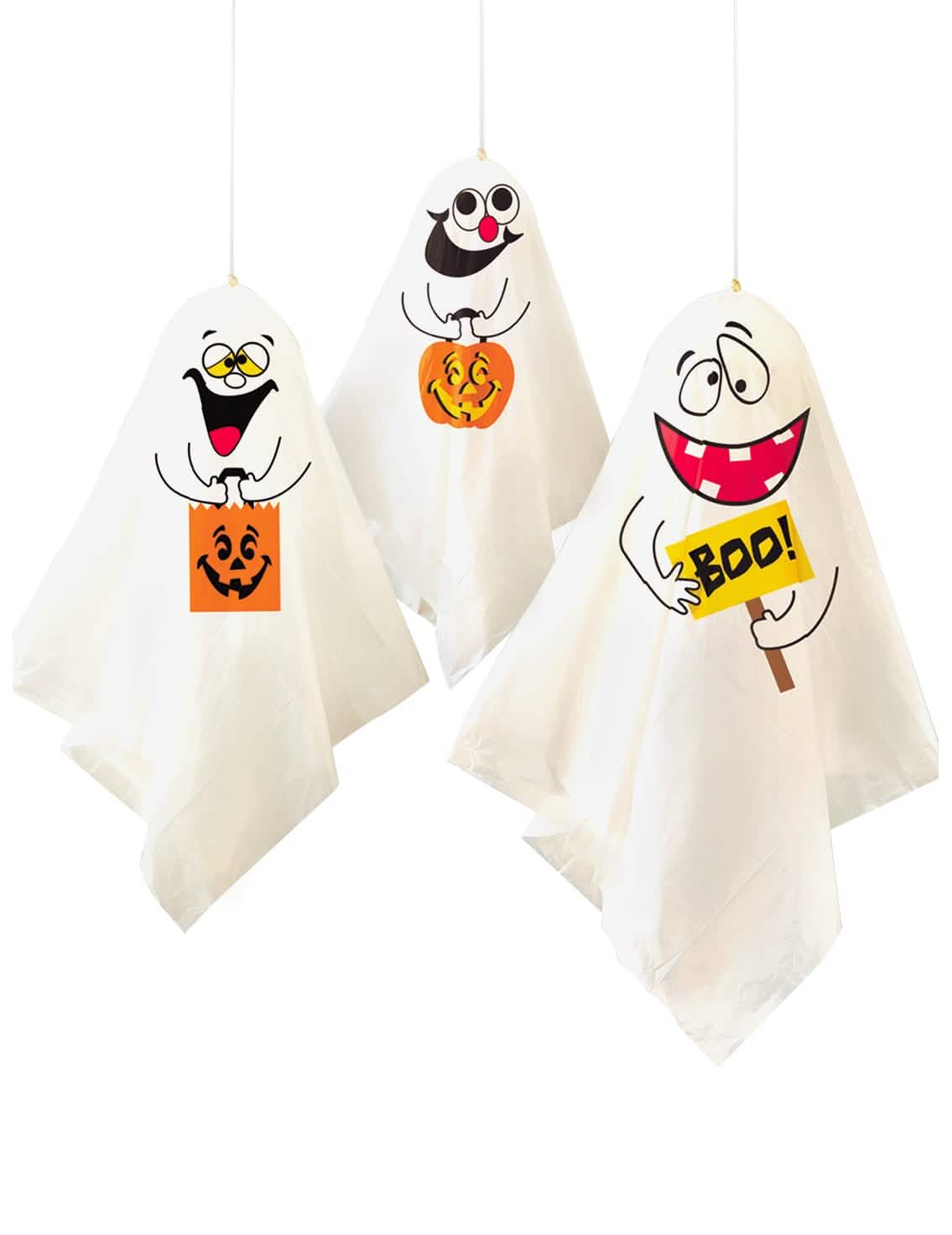 3 duhovi za obešanje za halloween, beli, z bučo in humoristične motive