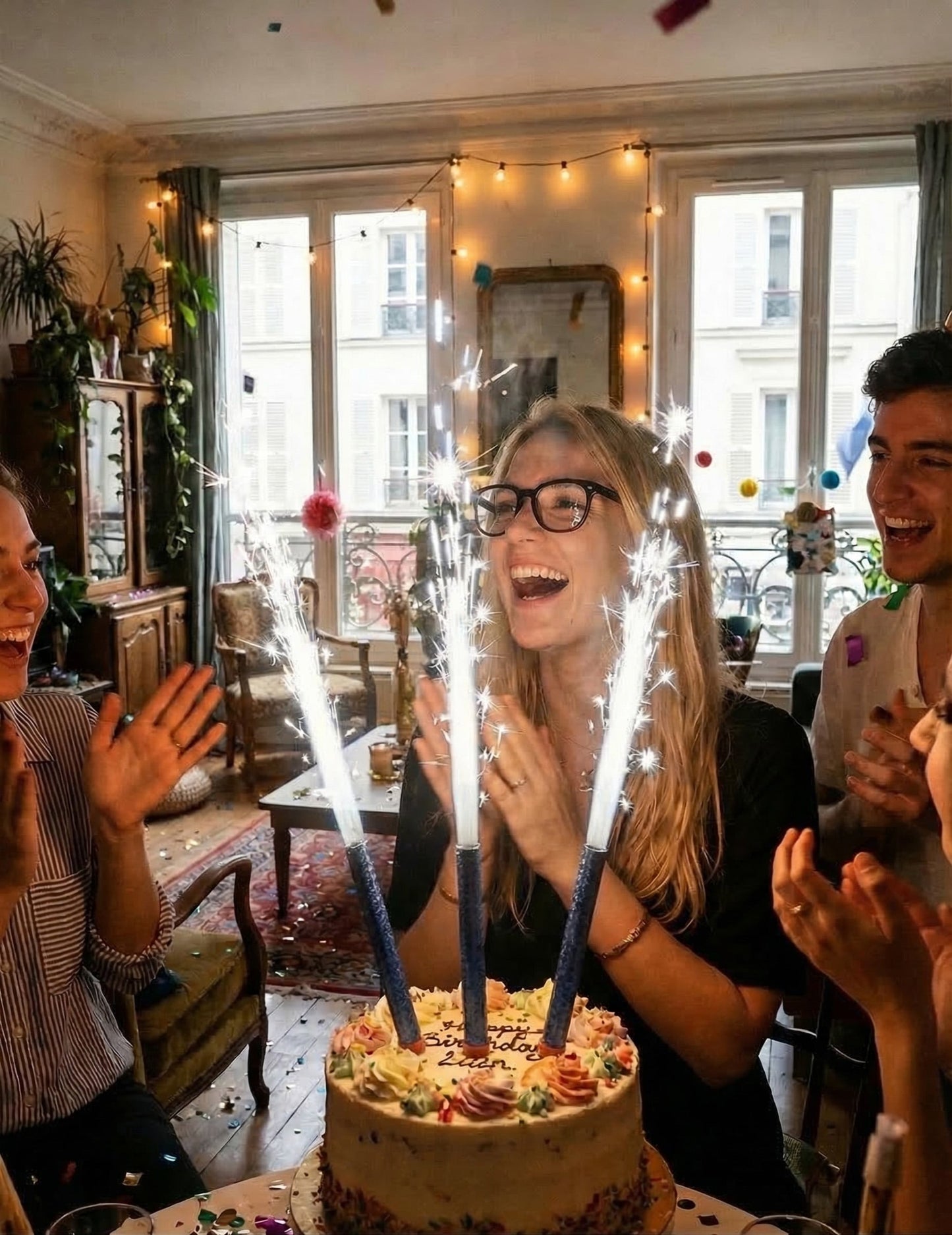 Mise en situation sur un gâteau d'anniversaire des fontaines lumineuses argentées pour fête