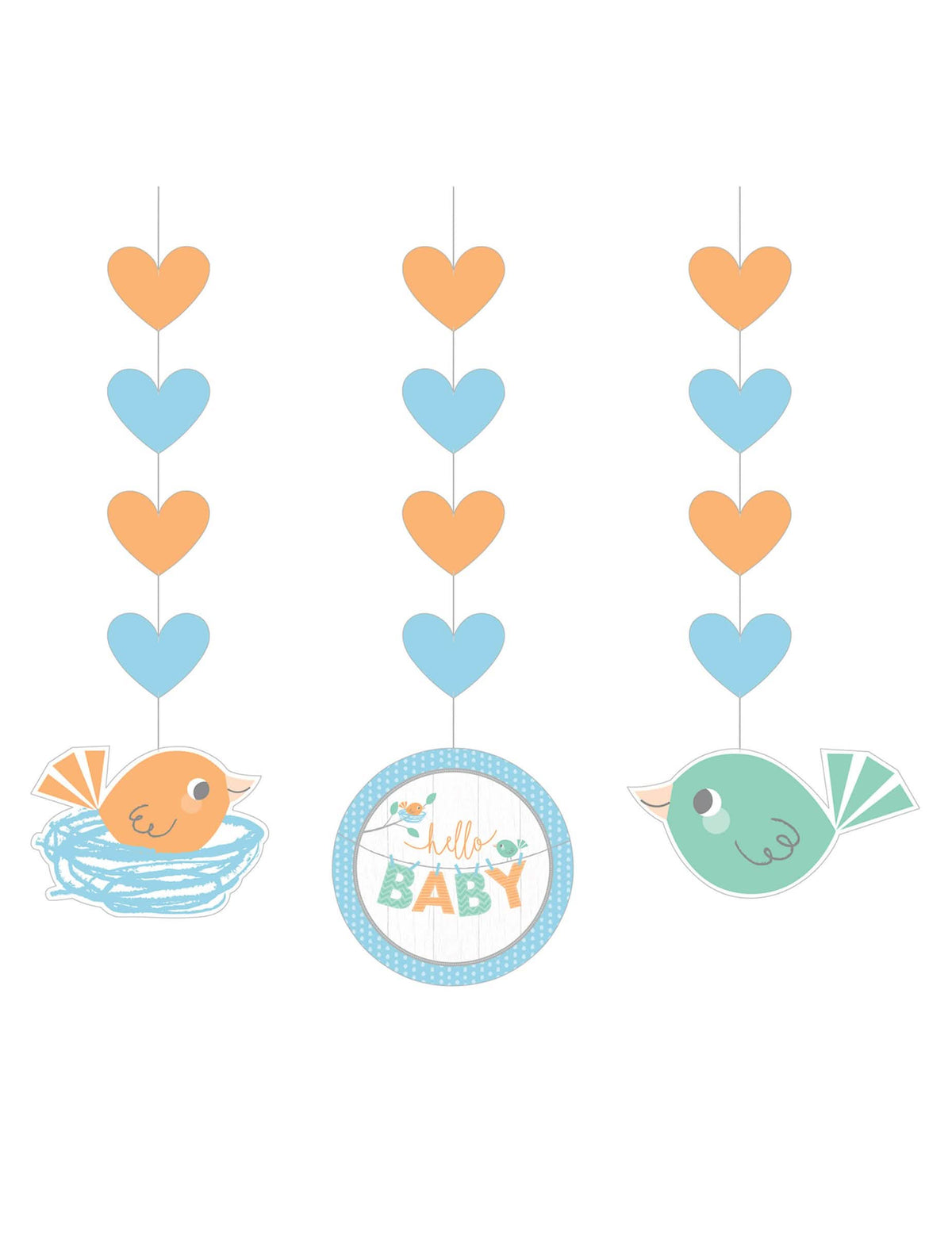 3 papirnate obešanke Hello Baby za baby shower modre in oranžna z pticami in srčki