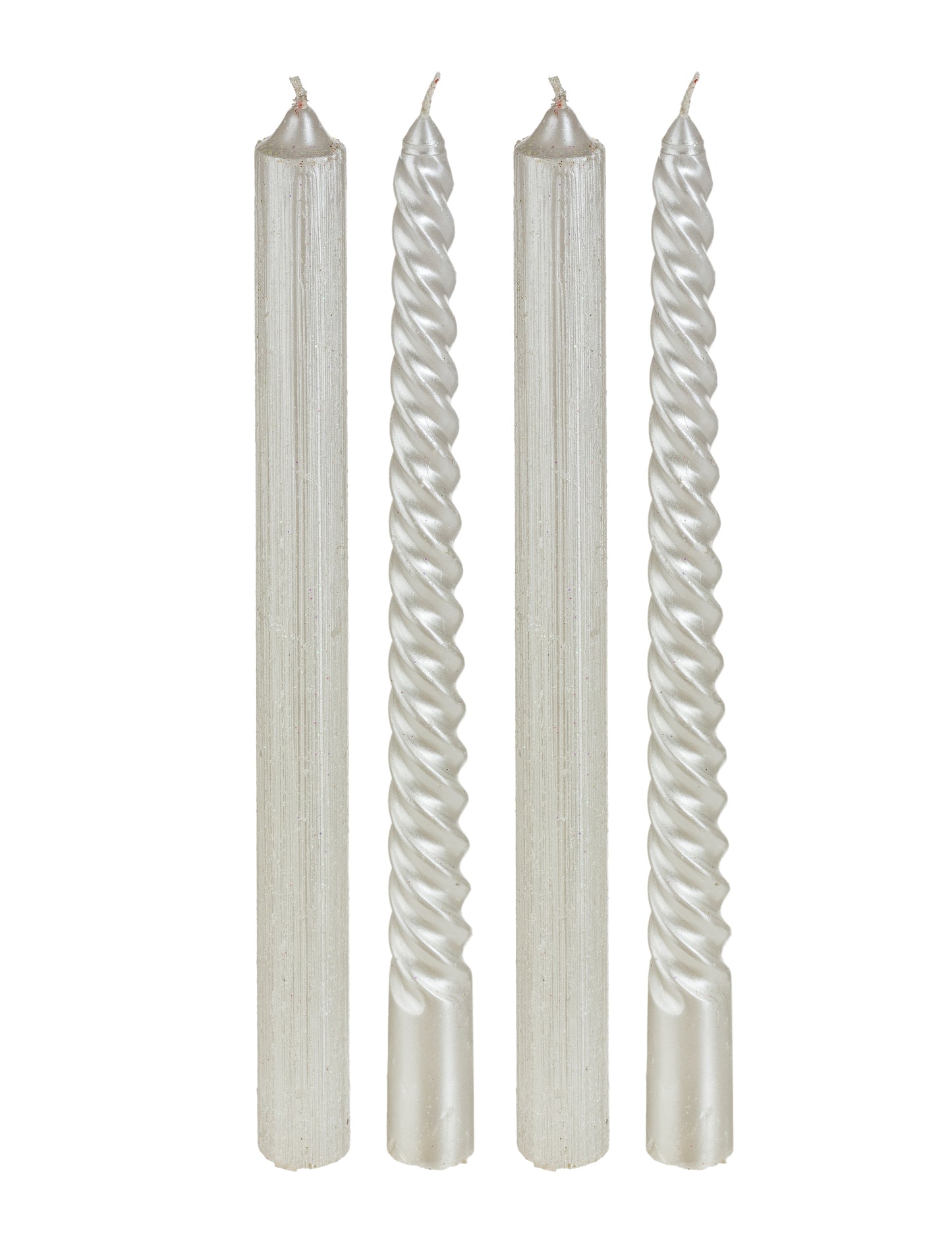 4 bele in bleščeče sveče 25 cm zvit