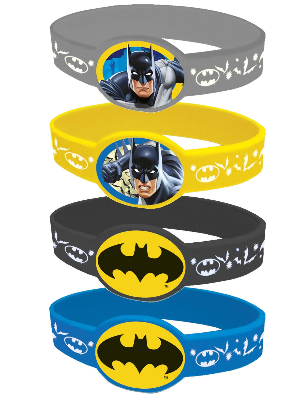 4 elastične zapestnice Batman za otrok siva rumena črna in modra z motivi
