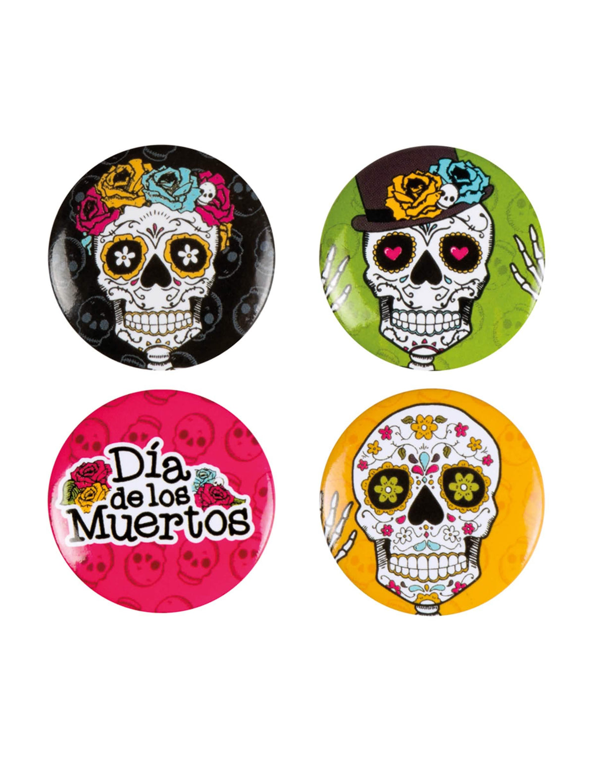 Komplet 4 večbarvnih značk Dia de los muertos za odrasli z mehiškimi lobanjami