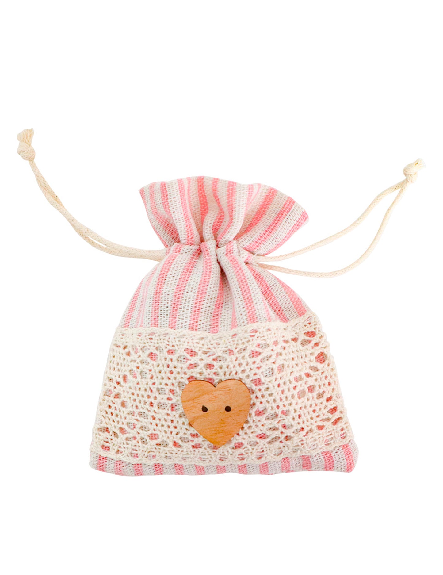 4 pastelno roza črtaste in čipkaste vrečke 8 x 10 cm z lesenim srcem