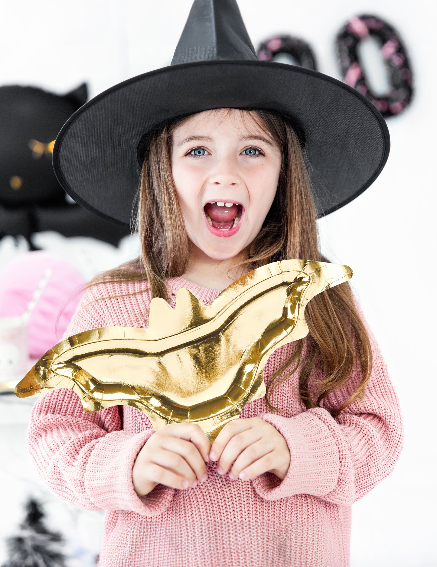 6 kovinskih zlatih kartonskih krožnikov v obliki netopirjev za noč čarovnic