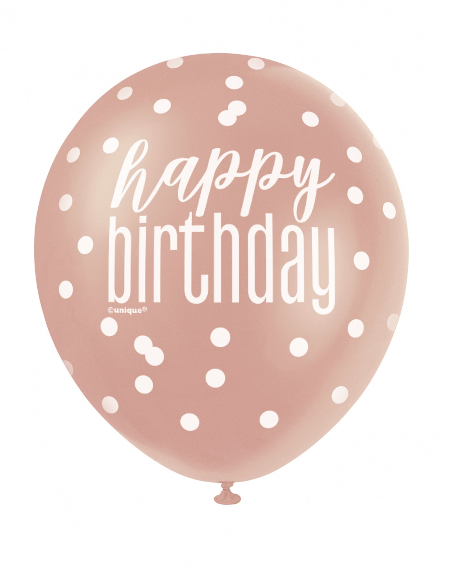 Vue de face d'un ballon en latex happy birthday à pois pour anniversaire