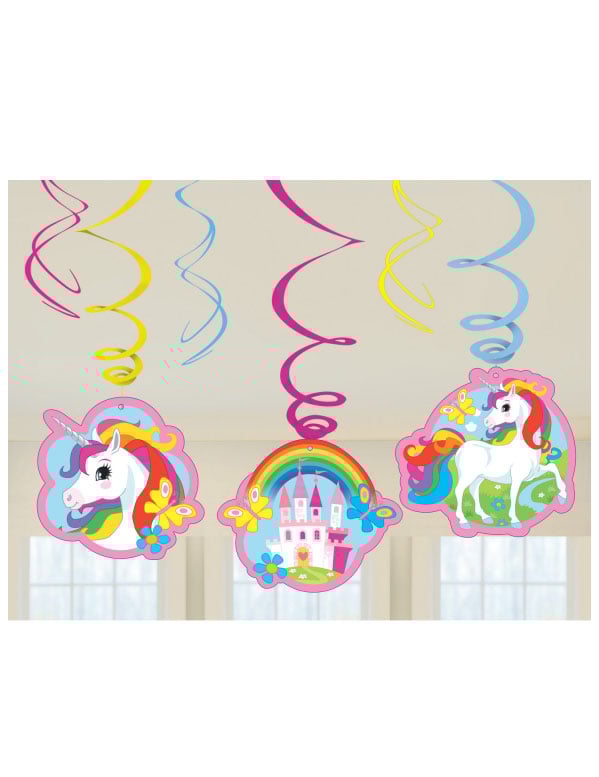Décorations à suspendre spirale Licorne multicolore avec motifs château et arc-en-ciel