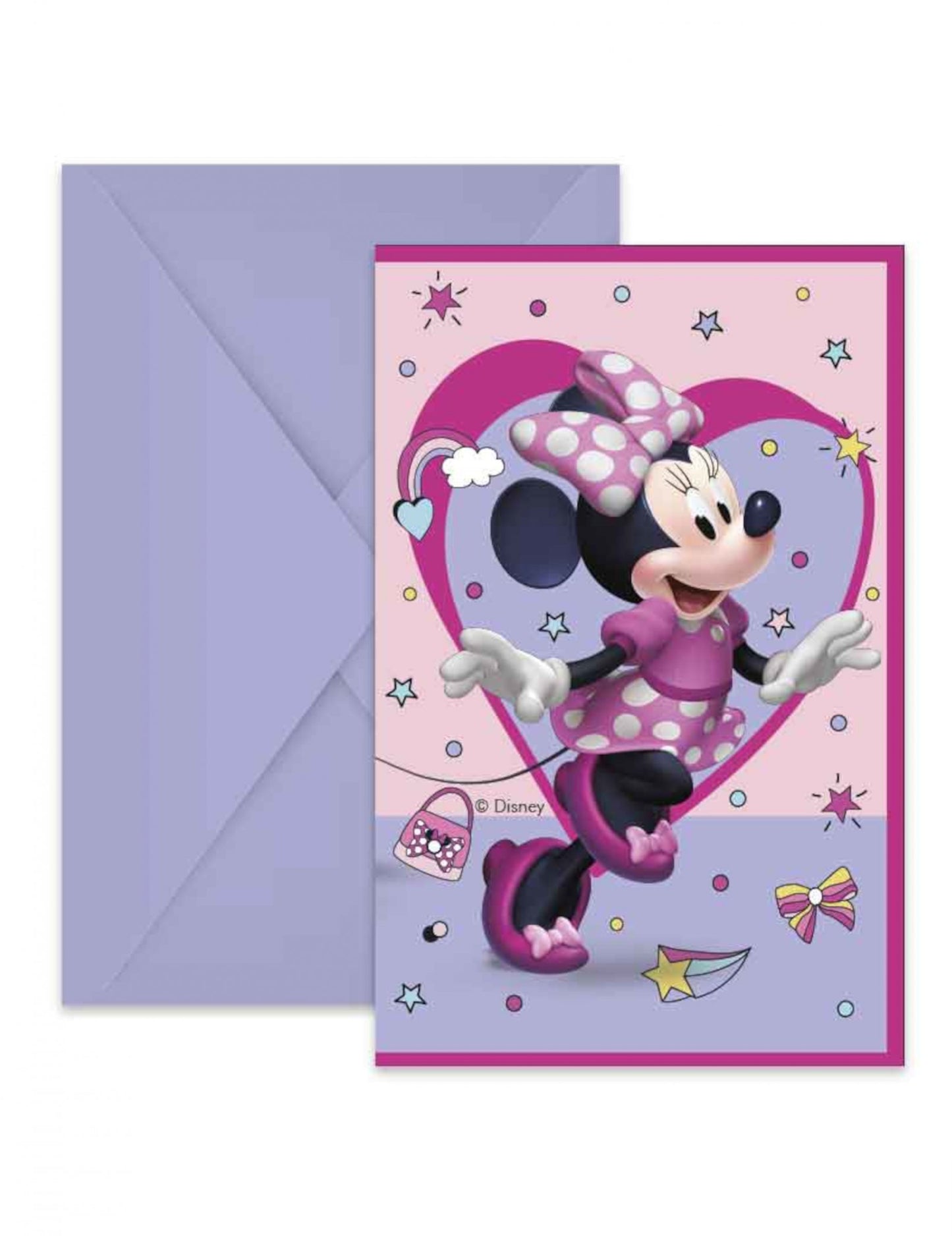 Invitations avec enveloppes Minnie Junior pour enfant rose et violet avec cœurs et étoiles