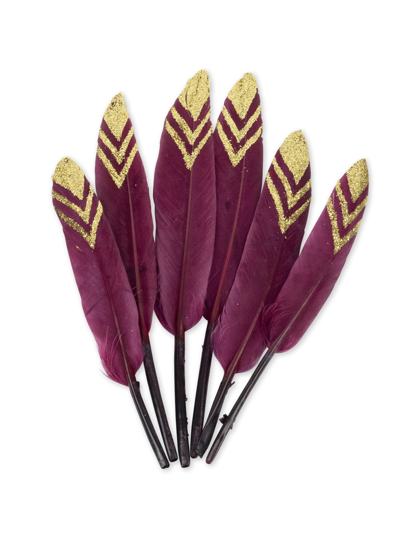 6 etničnih peres marsala in zlatimi bleščicami 14 cm za dekoracijo