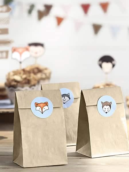 Mise en situation des 6 sacs en papier kraft et stickers animaux de la forêt