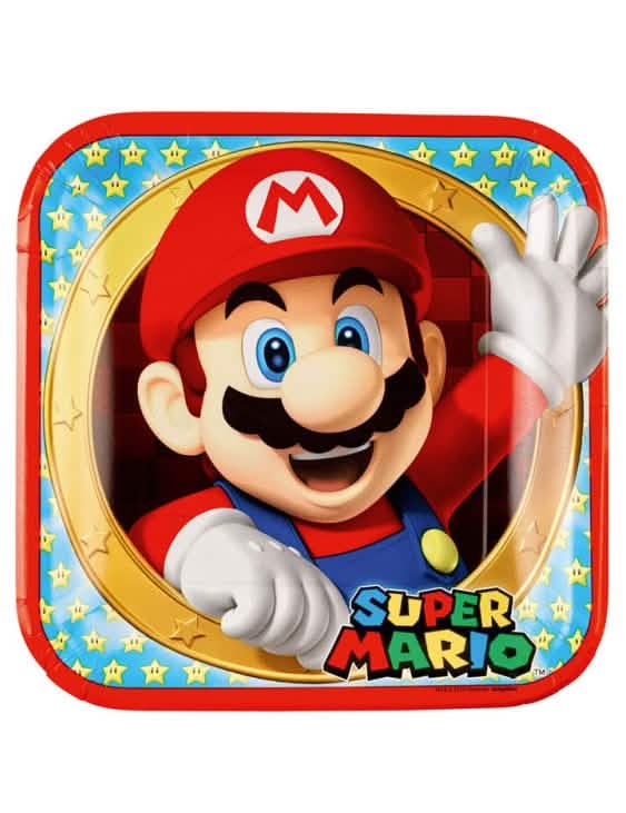 Kartonski krožniki Super Mario za zabavo, rdeči in modri z motivom zvezd
