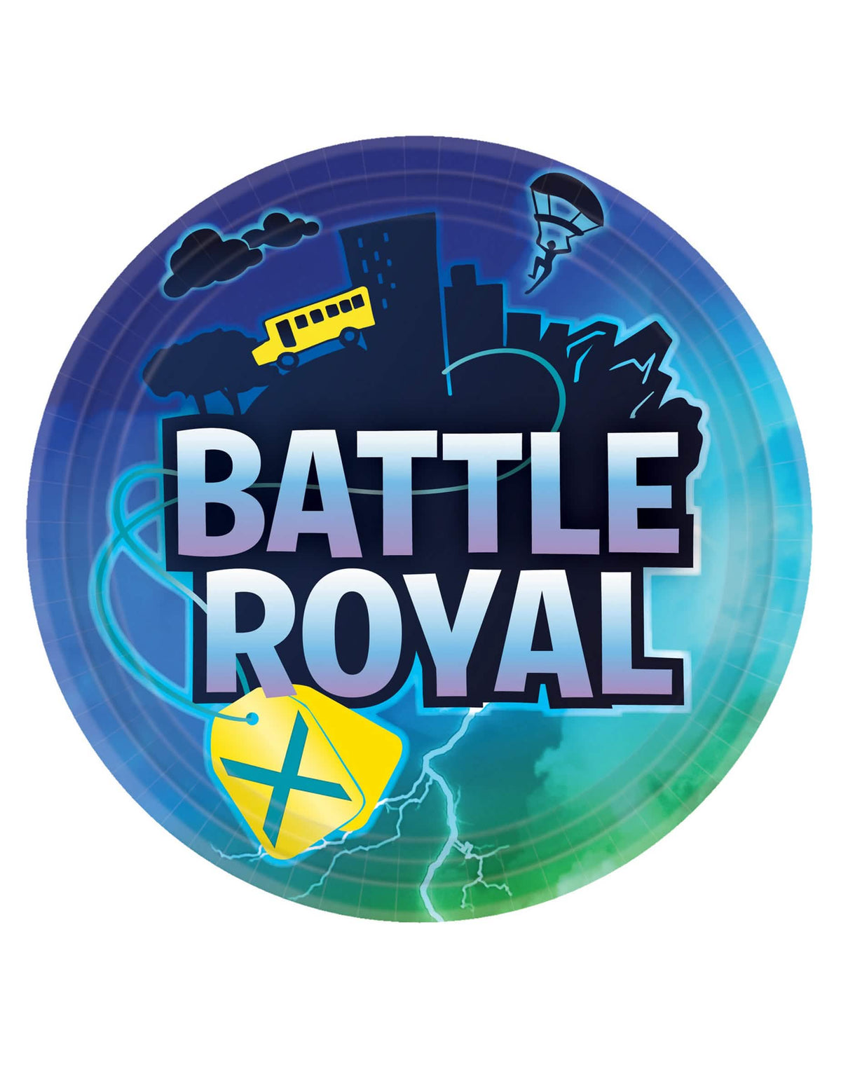 Krožniki iz kartona Battle Royale za rojstni dan modra in zelena z urbanim dekorjem in rumenim avtobusom