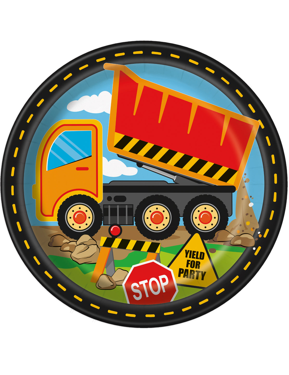 Assiettes en carton chantier pour enfant avec camion benne jaune et rouge