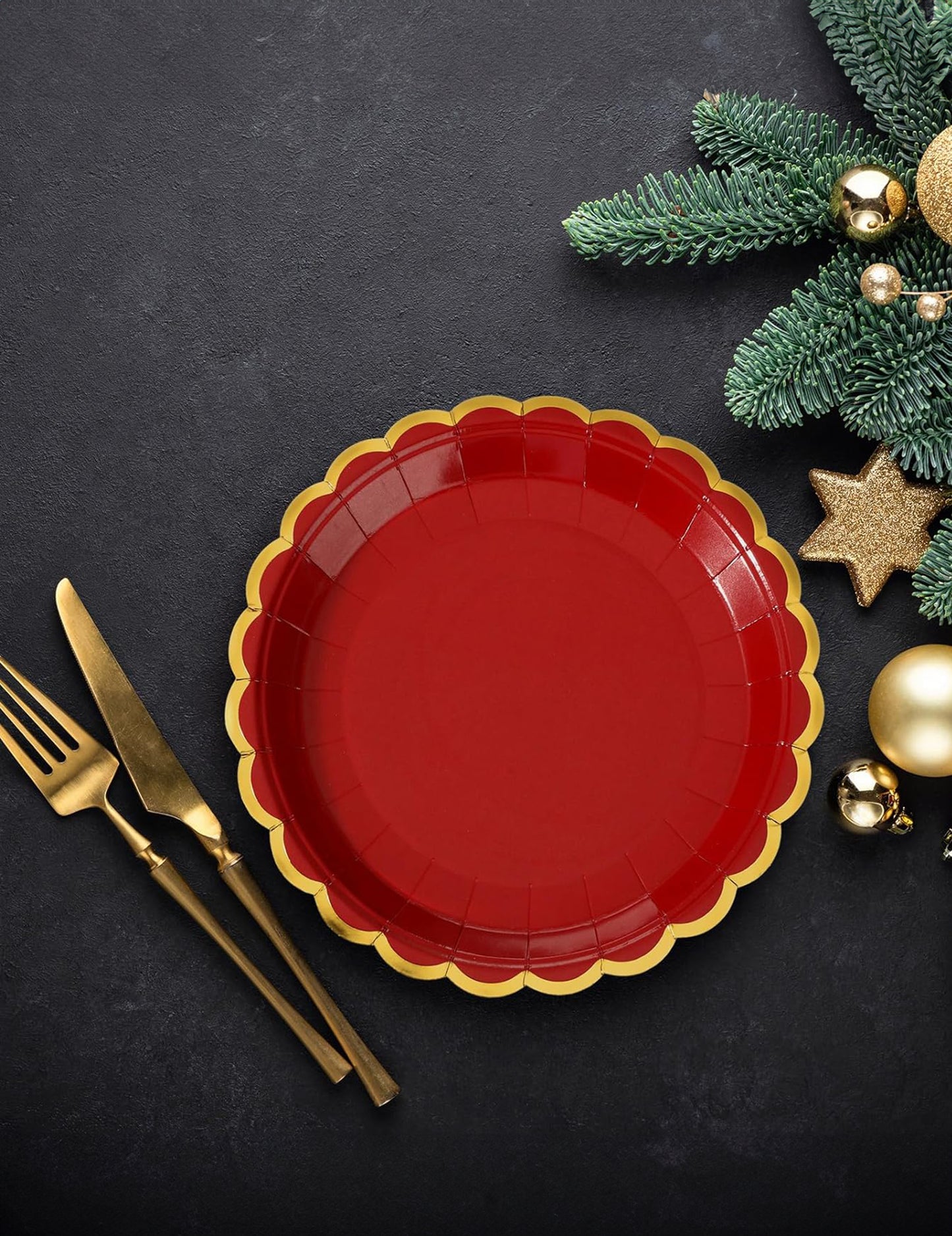 8 rdeče-zlatih kartonskih krožnikov z nazobčanimi robovi 23 cm za božič