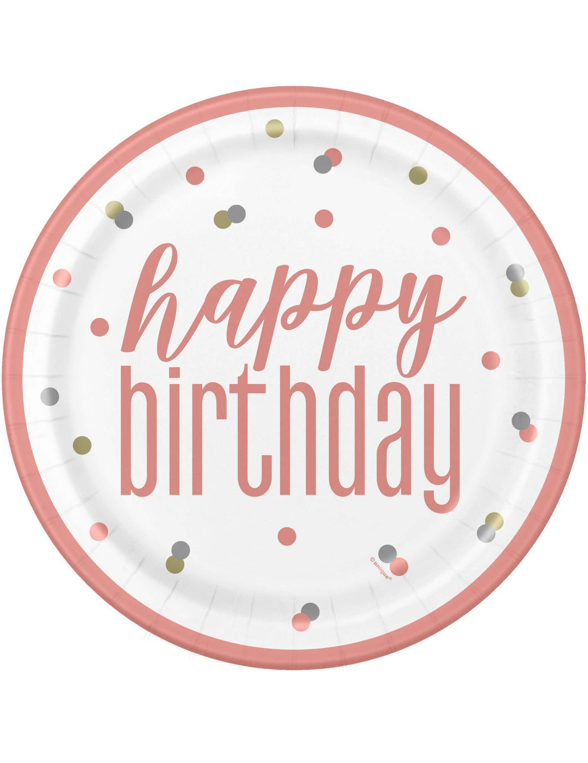 kartonski krožniki Happy Birthday za zabavo, beli in rožnati s pikami