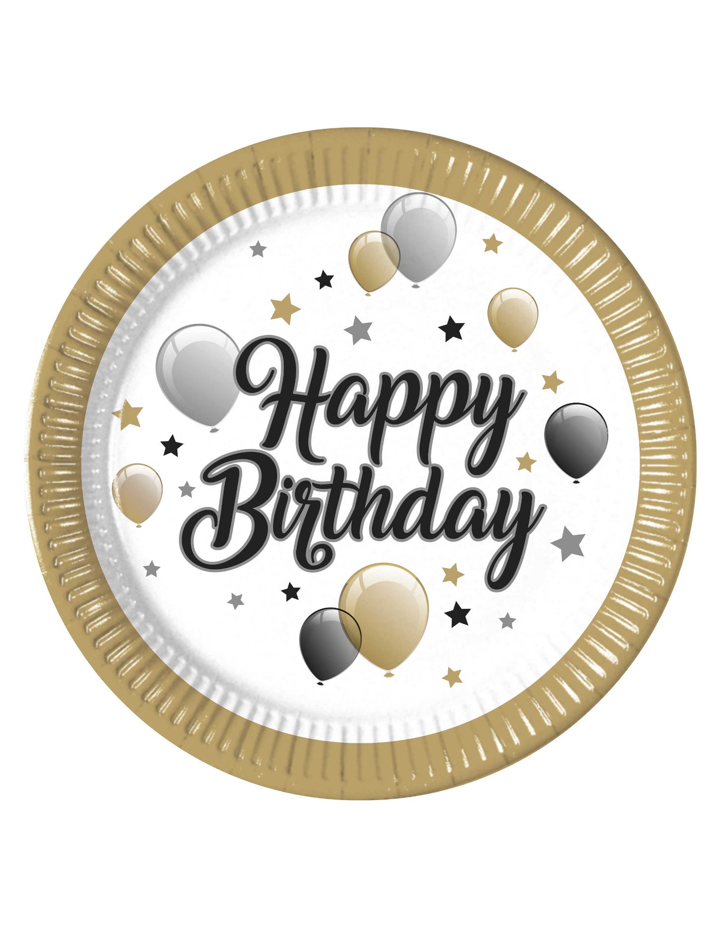 Assiettes en carton Happy Birthday pour anniversaire doré noir et argent