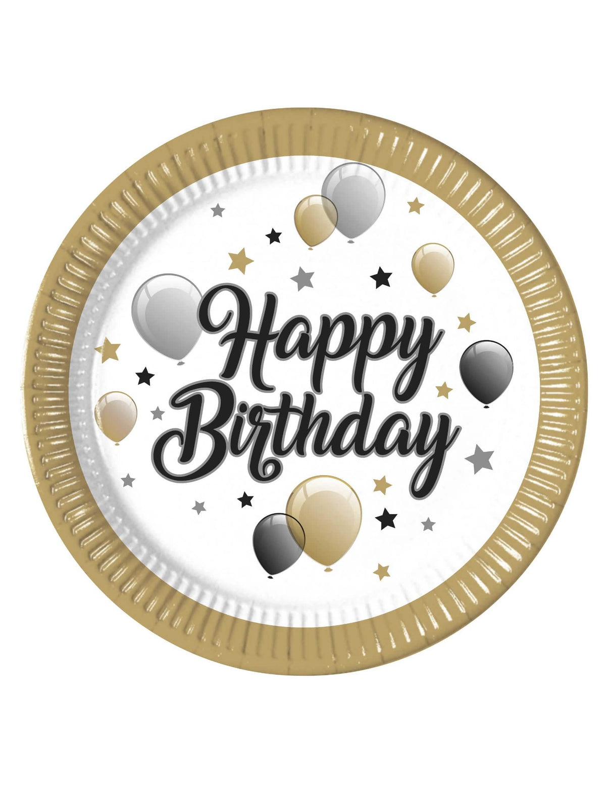 Papirnati krožniki Happy Birthday za rojstni dan z zlata, črna in srebrna