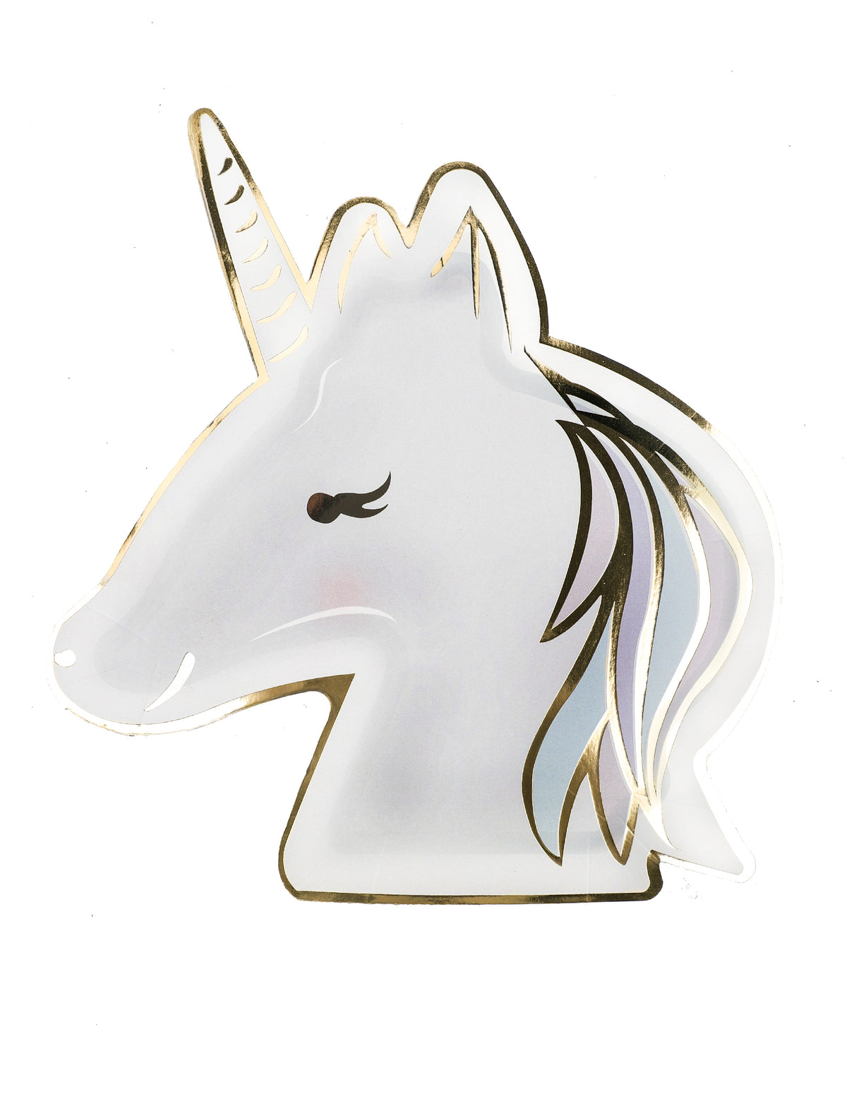 Assiettes en carton licorne pastel et or en forme de tête
