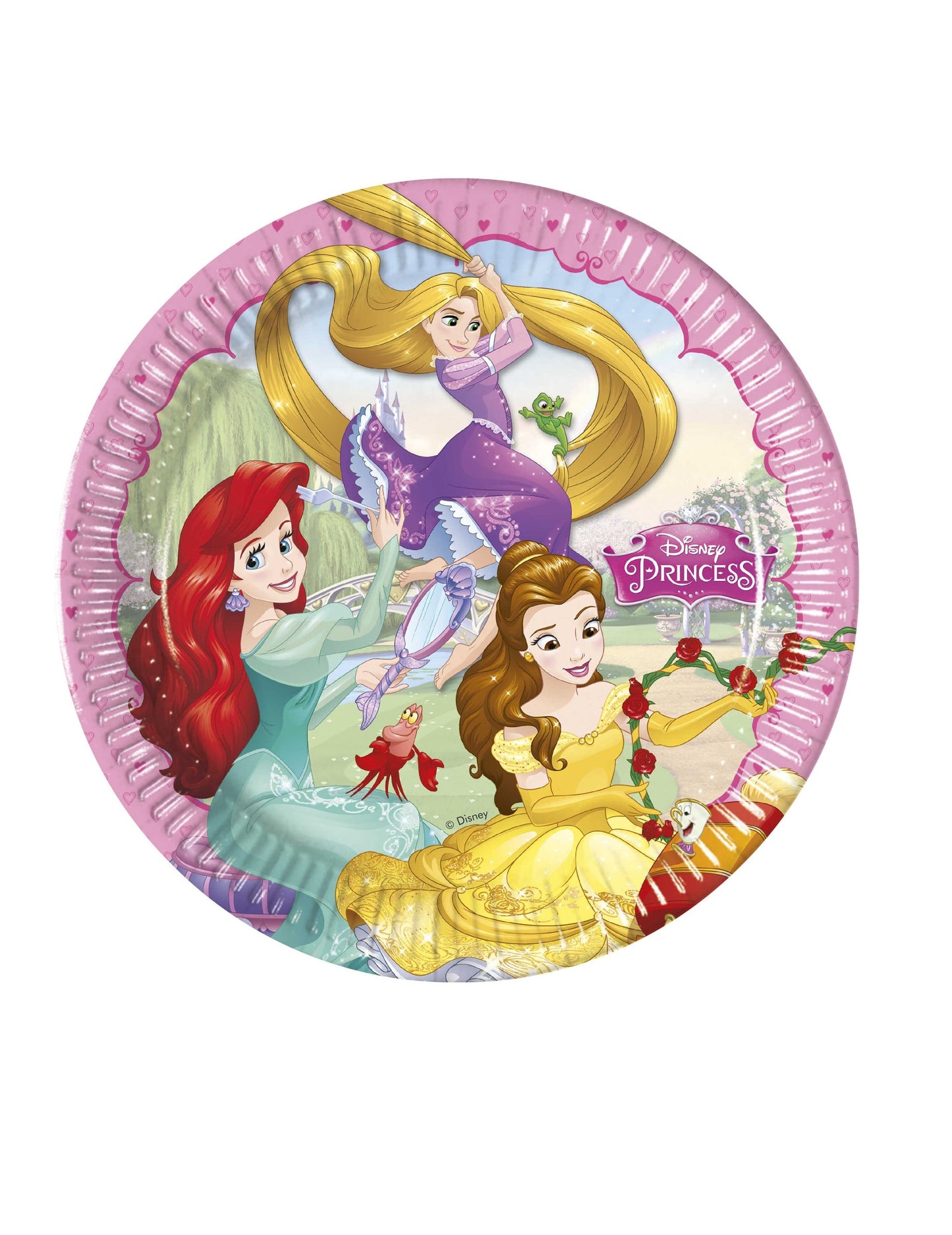Assiettes en carton Princesses Disney pour enfant roses avec motifs de cœurs
