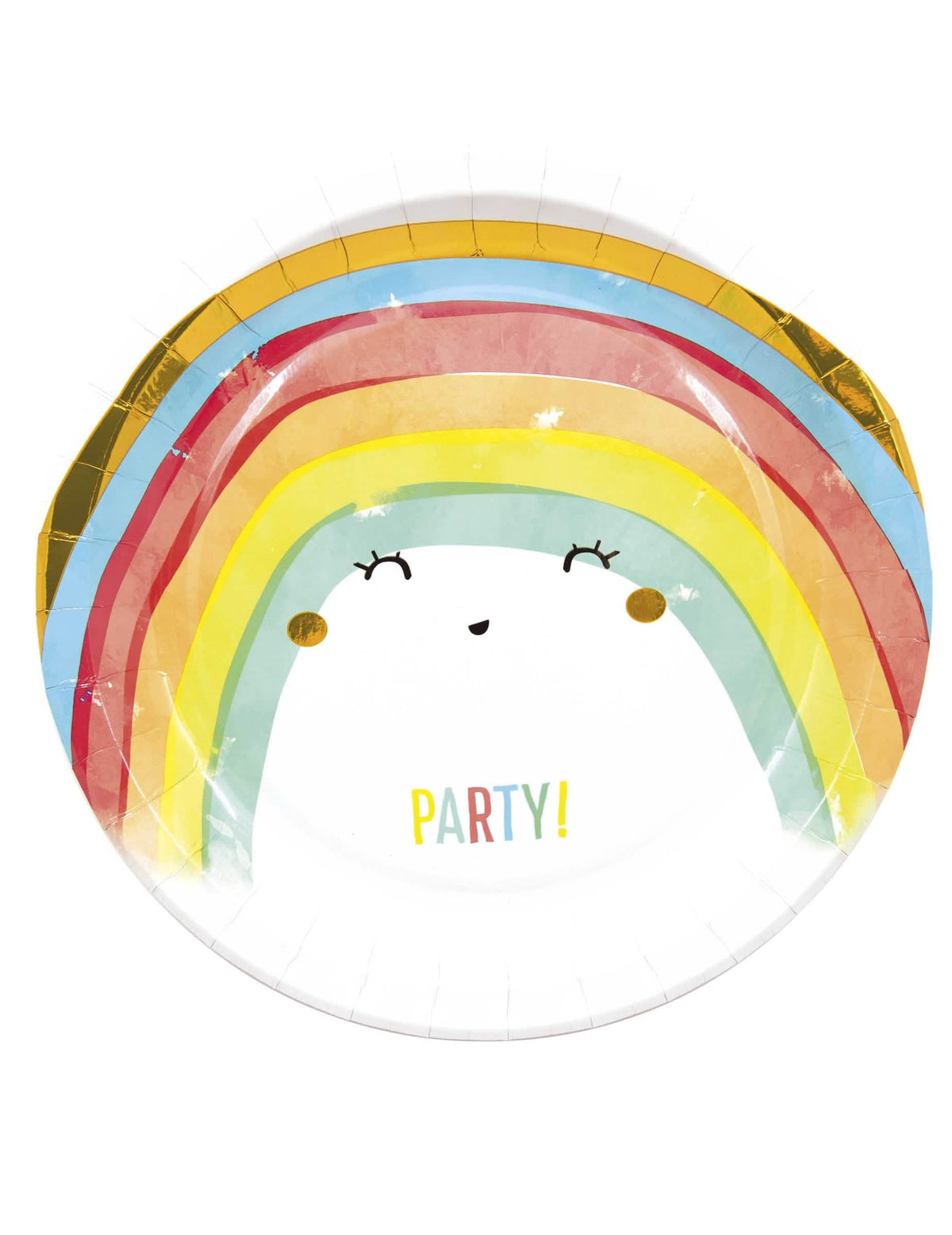kartonski krožniki Rainbow party mavrica za večbarvno zabavo z nasmejanim obrazom in zlato obrobo
