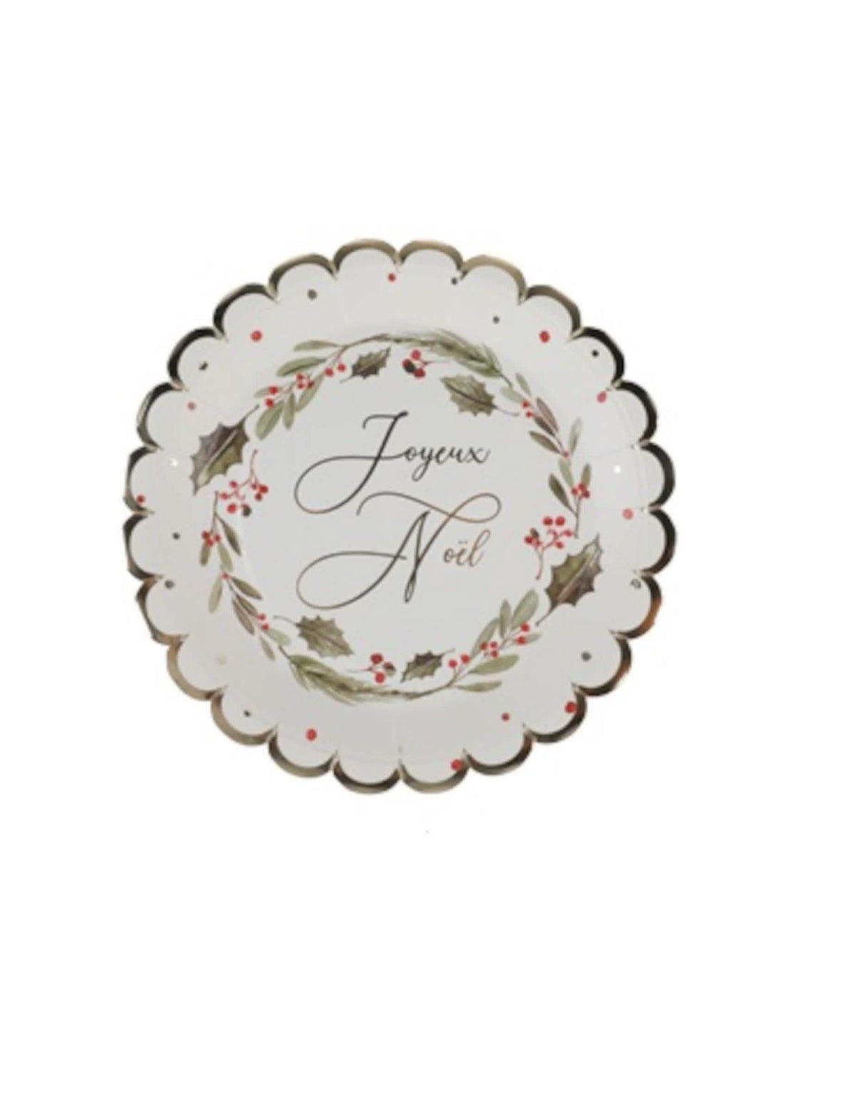 Assiettes Joyeux Noël tradi chic blanches avec motifs de houx et liseré doré