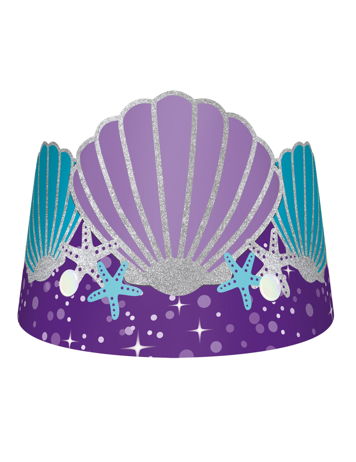 Couronnes en carton rêves de sirène pour enfant violettes et bleues avec coquillages et étoiles de mer