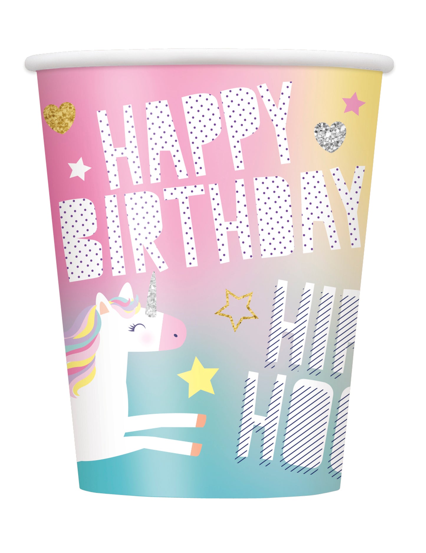 Gobelets en carton Happy Birthday licorne pour fête multicolore aux tons pastel