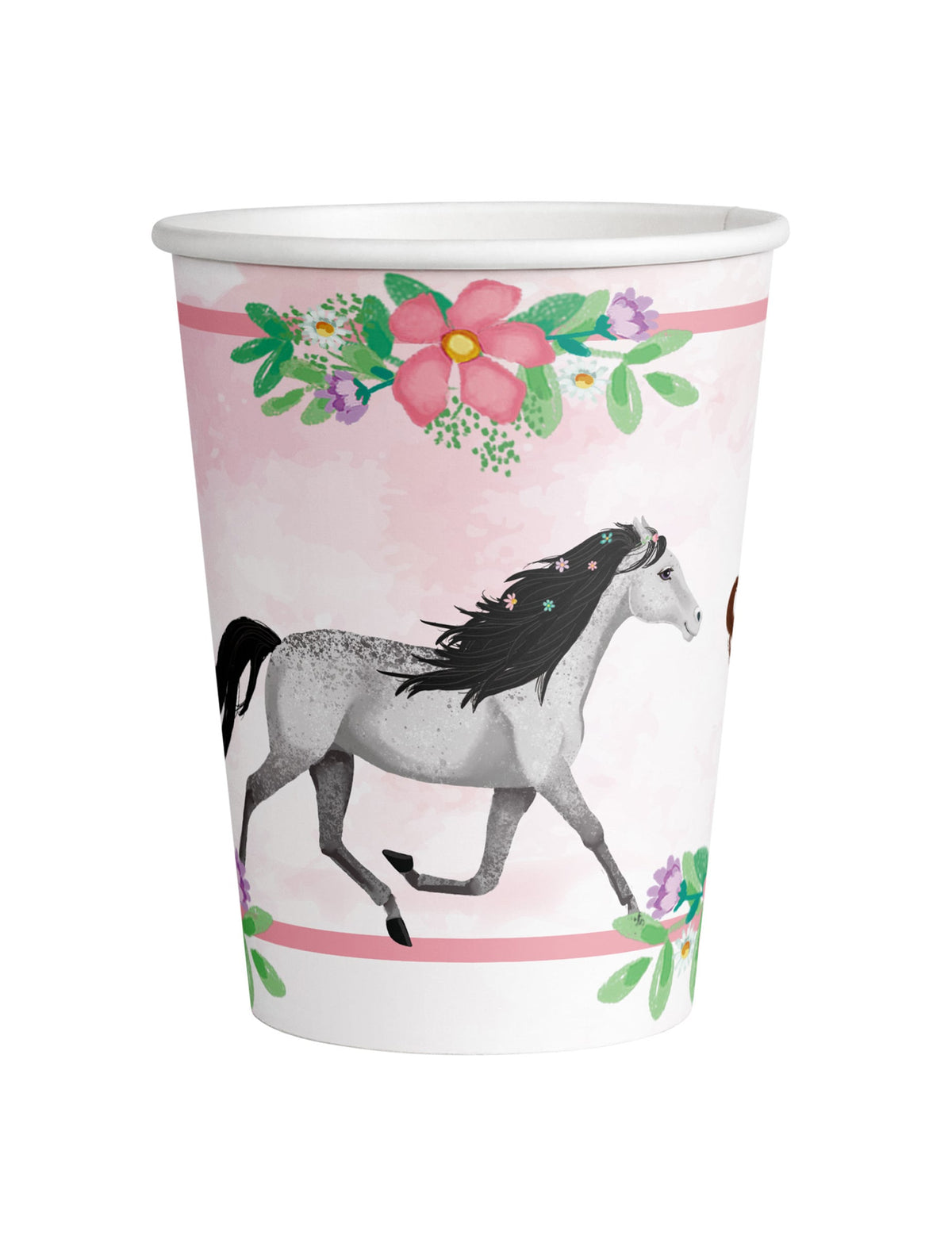 Gobelets en carton joli cheval pour anniversaire rose et blanc avec fleurs