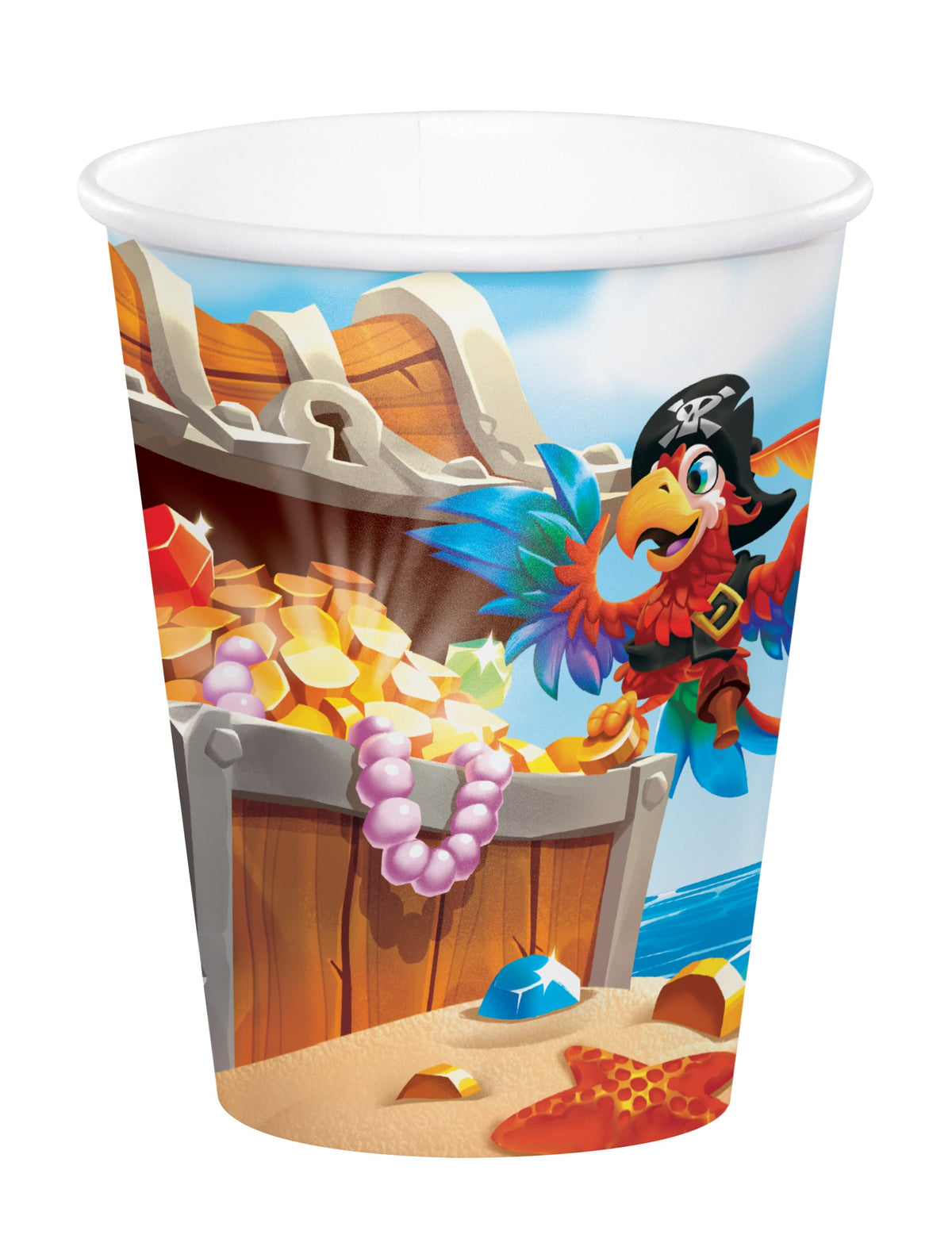 Gobelets en carton trésor de pirate pour anniversaire illustrés avec perroquet et coffre au trésor