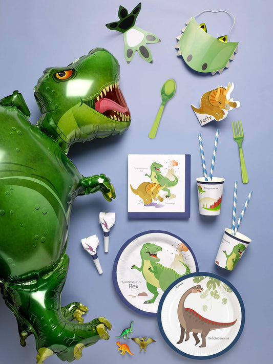 Mise en situation des marques places grands dinosaures verts en carton à personnaliser