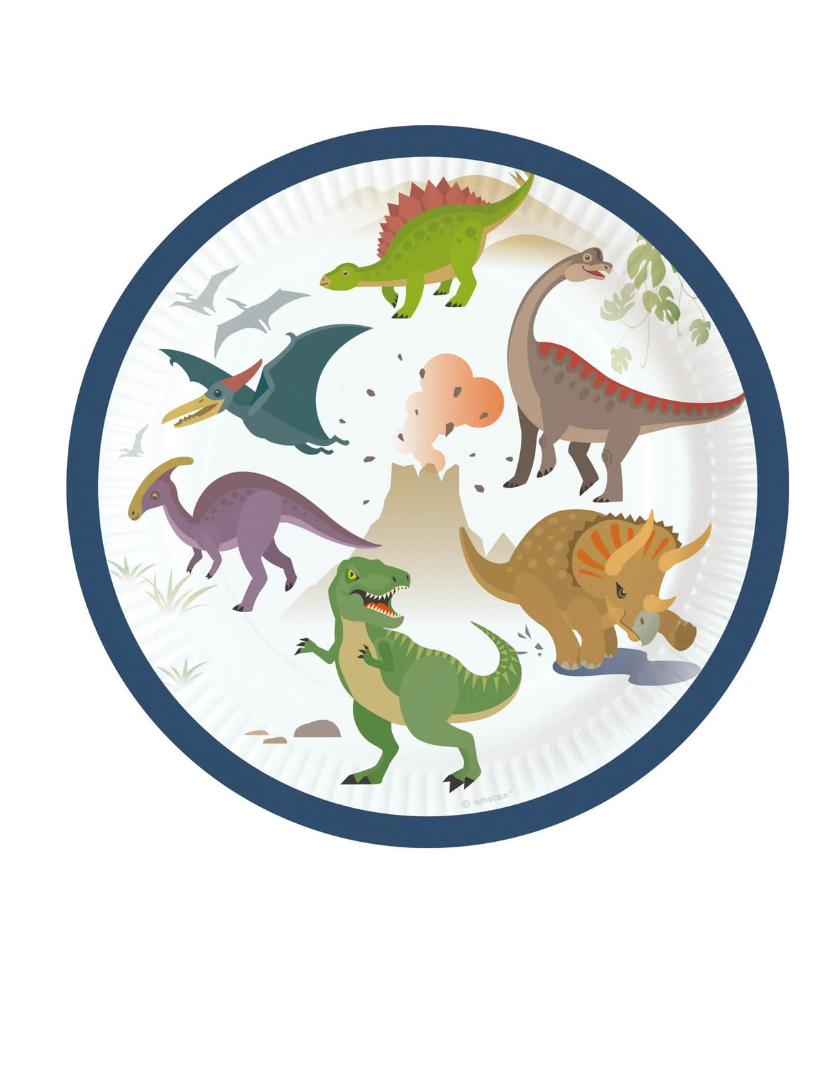 kartonski krožniki z velikimi dinozavri za rojstni dan z barvitimi motivi dinozavrov in vulkanom