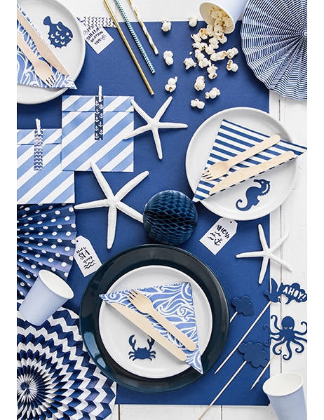 9 temno modrih okraskov za torte na palčkah, 9,5 do 22,5 cm cm morski motivi