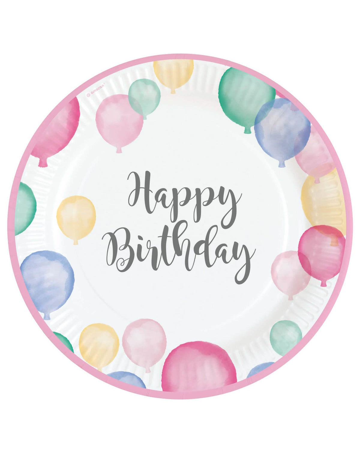 papirnati krožniki Happy Birthday pastelni baloni za rojstni dan roza obroba