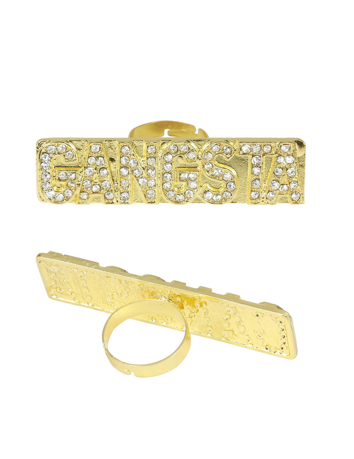 Pogled od spredaj in zadaj na gangsta prstan z bleščicami