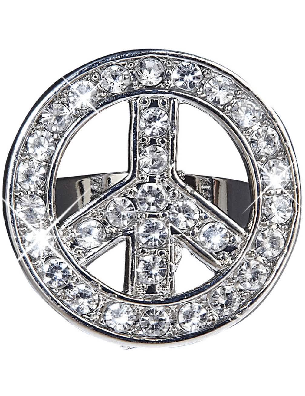 Hippi prstan za odrasli v srebrni barvi s kamenčki v obliki peace and love