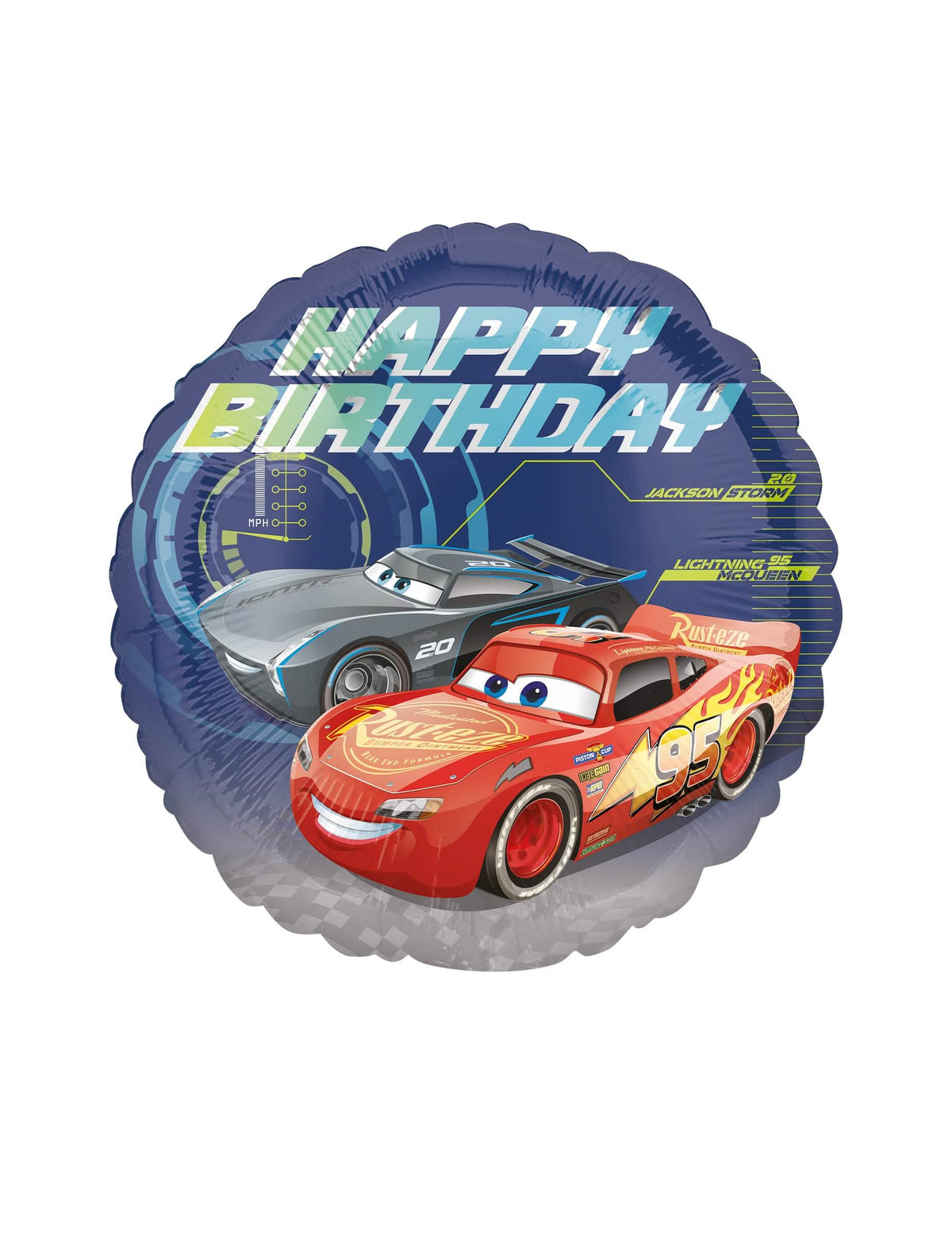 Aluminijast balon Happy Birthday Cars 3 za otrok modra s Flash McQueenom in Jackson Stormom