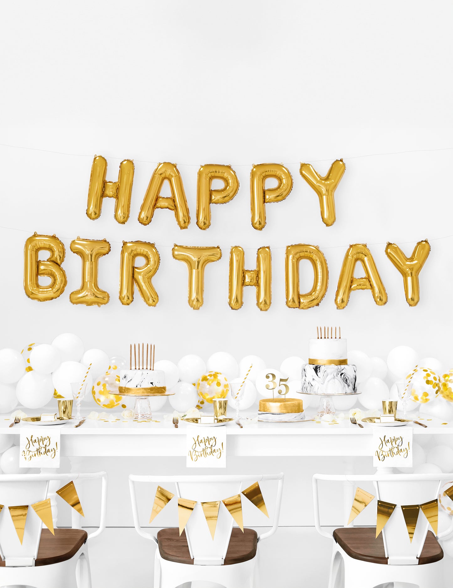 Folija baloni z napisom "Happy Birthday", zlati, 35 kosov cm v girlandi