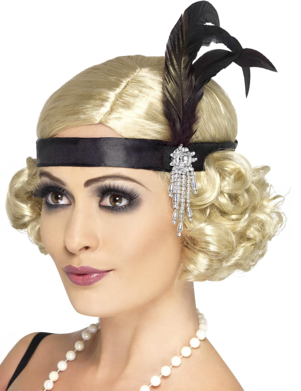 Bandeau charleston pour adulte noir avec plume et bijou argenté
