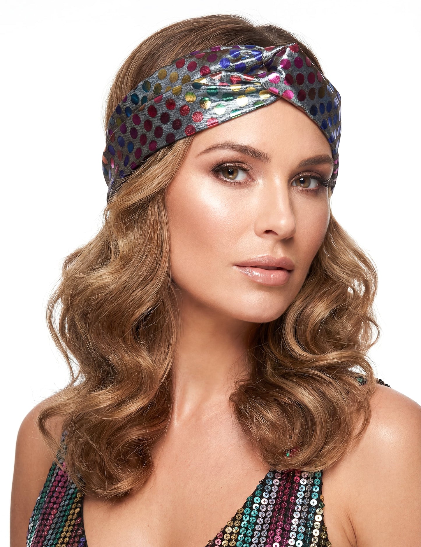 Vue de face du bandeau disco pour femme multicolore haut de gamme