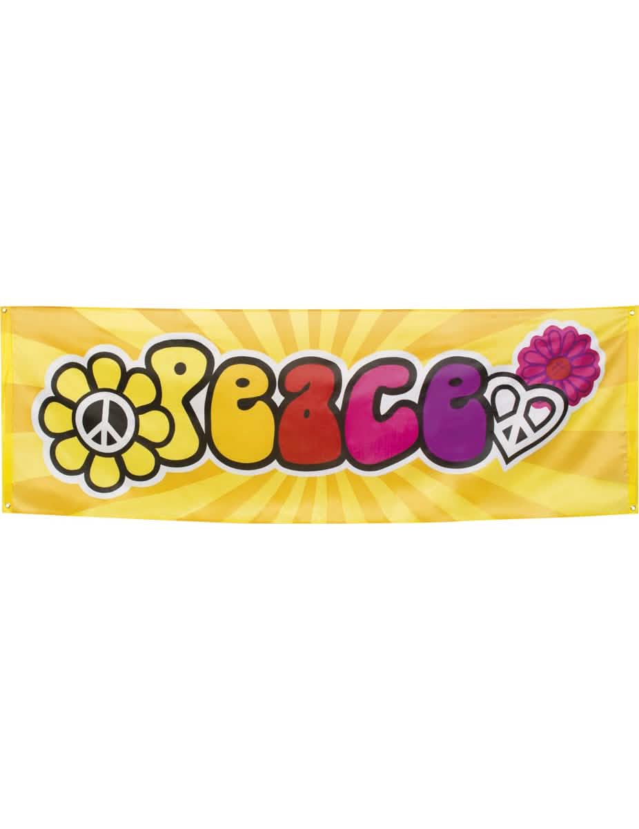 Platneni transparent Hippie Flower Power za rumena zabavo z napisom Peace pisano