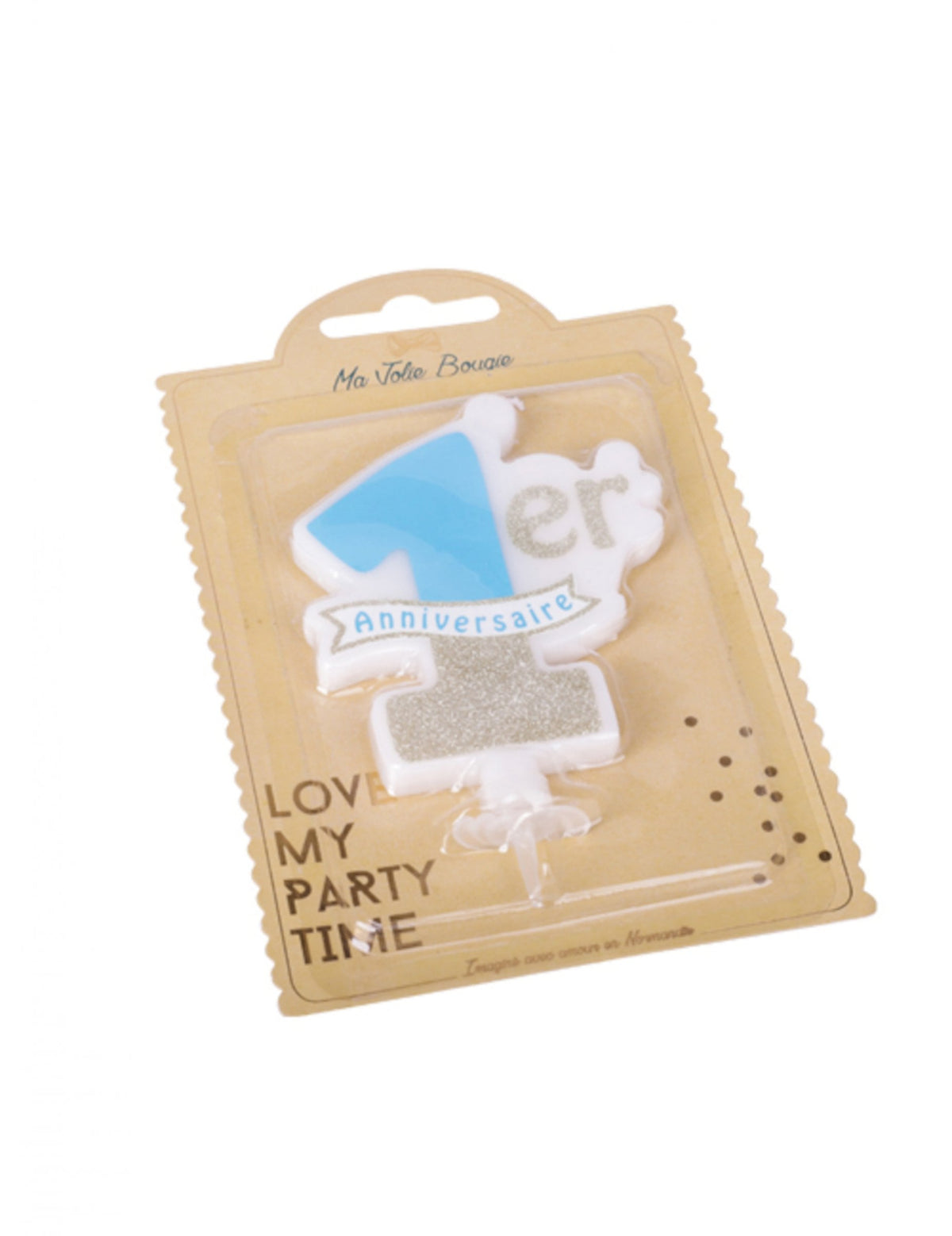 Bougie 1er anniversaire pour enfant bleue et dorée à paillettes